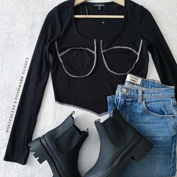 Mixed Threads Tops - NWT Black Ribbed Crop Top With White Contrast Stitching